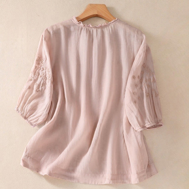 Buddha Stones Casual effen damesblouse met knoopsluiting, bloemenborduurwerk en Mouwlengte . - image 14