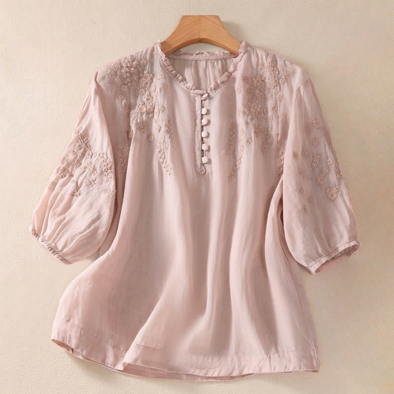 Buddha Stones Casual effen damesblouse met knoopsluiting, bloemenborduurwerk en Mouwlengte . - Lichtroze - US8-10，UK/AU12-14，EU40-42 (2XL) - image 13
