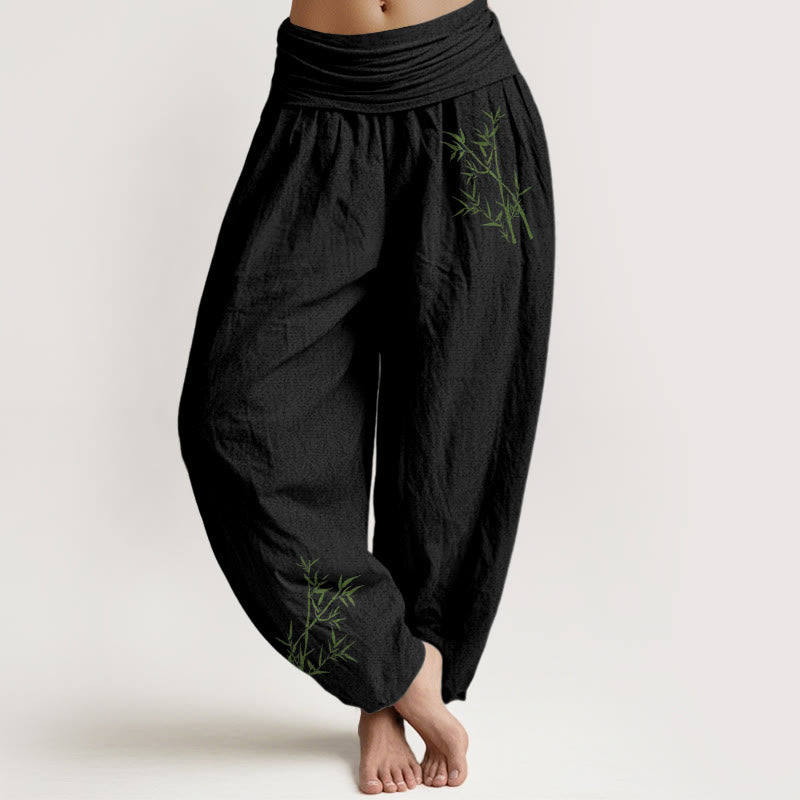 Buddha Stones Damesbroek van 100% Cotton met groene bamboeprint en elastische Taille . - Zwart - US22, UK/AU26, EU54 (6XL) - image 0
