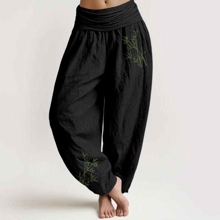 Buddha Stones Damesbroek van 100% Cotton met groene bamboeprint en elastische Taille . - Zwart - US22, UK/AU26, EU54 (6XL) - image 0