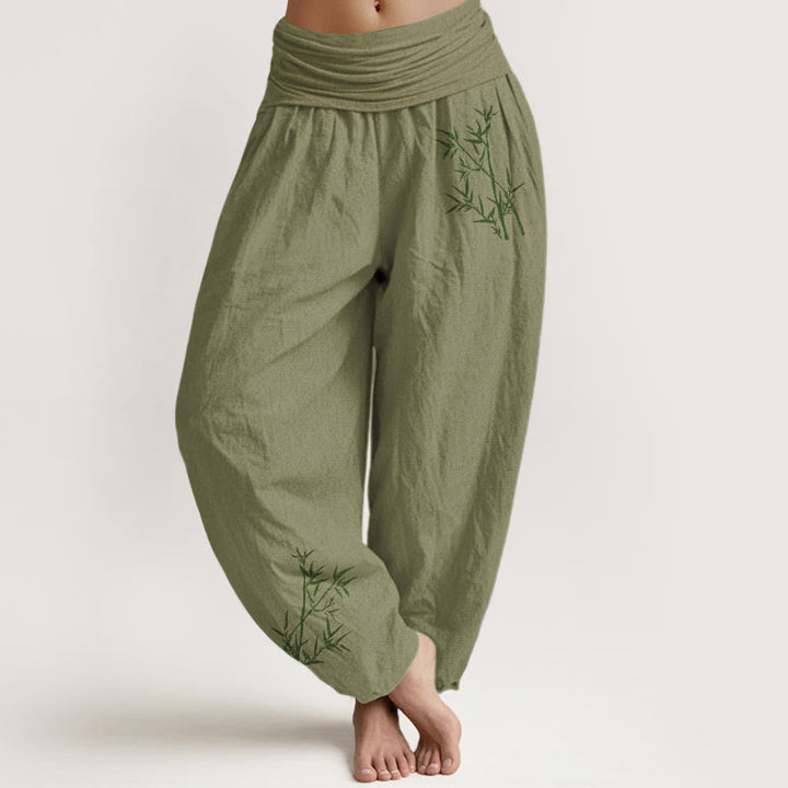 Buddha Stones Damesbroek van 100% Cotton met groene bamboeprint en elastische Taille . - Olijfgroen - US22, UK/AU26, EU54 (6XL) - image 14