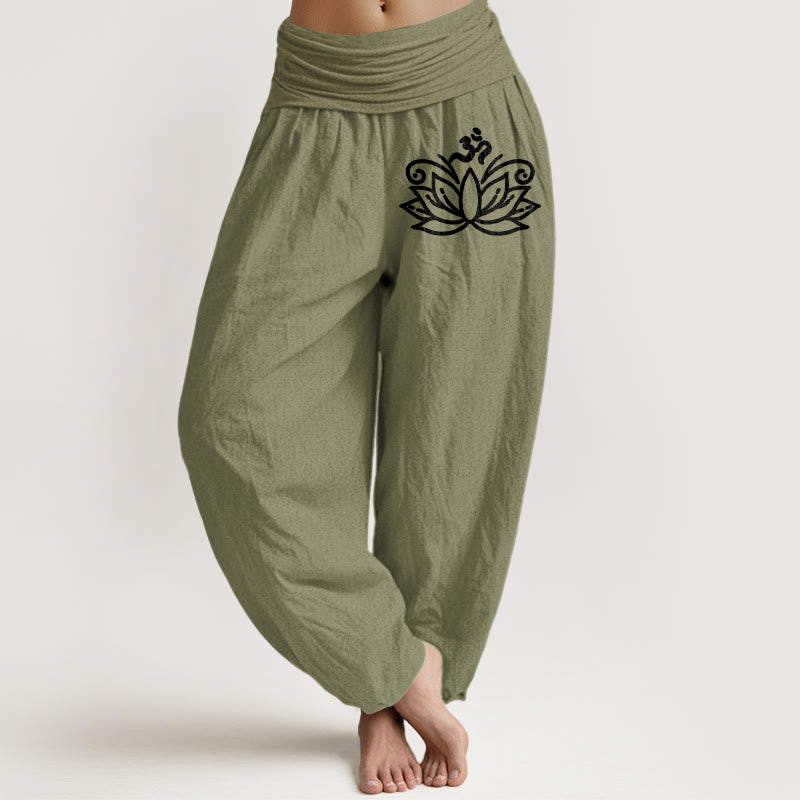 Buddha Stones Dames harembroek van 100% Cotton katoen met elastische Taille en lotusbloem-Om-symboolpatroon - Olijfgroen - US22, UK/AU26, EU54 (6XL) - image 14