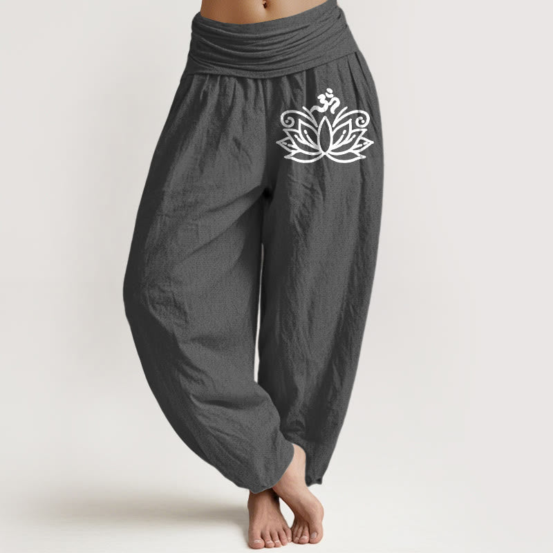 Buddha Stones Dames harembroek van 100% Cotton katoen met elastische Taille en lotusbloem-Om-symboolpatroon - Grijs - US22, UK/AU26, EU54 (6XL) - image 8