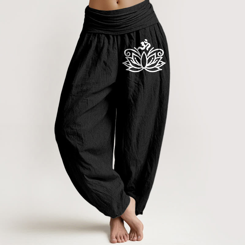 Buddha Stones Dames harembroek van 100% Cotton katoen met elastische Taille en lotusbloem-Om-symboolpatroon - Zwart - US22, UK/AU26, EU54 (6XL) - image 0