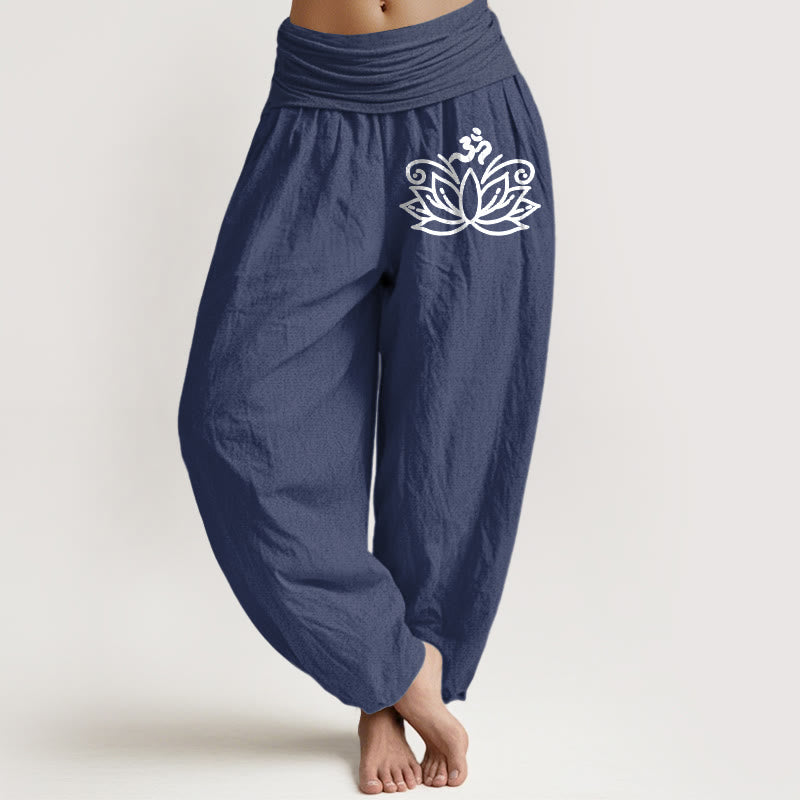 Buddha Stones Dames harembroek van 100% Cotton katoen met elastische Taille en lotusbloem-Om-symboolpatroon - Donker leisteenblauw - US22, UK/AU26, EU54 (6XL) - image 5