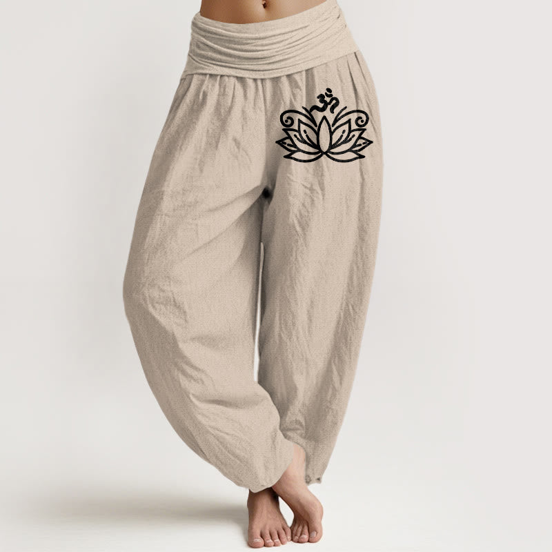 Buddha Stones Dames harembroek van 100% Cotton katoen met elastische Taille en lotusbloem-Om-symboolpatroon - Bruinen - US22, UK/AU26, EU54 (6XL) - image 11