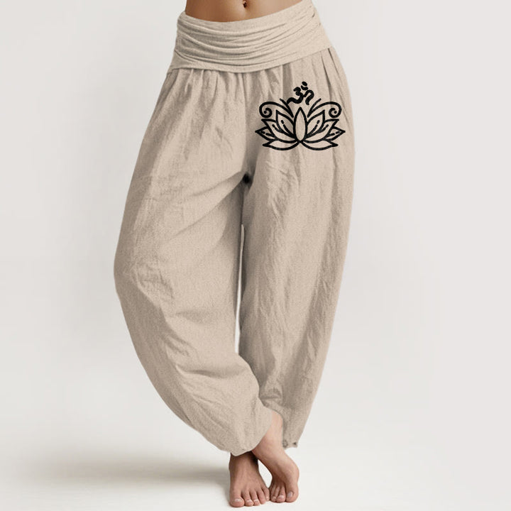 Buddha Stones Dames harembroek van 100% Cotton katoen met elastische Taille en lotusbloem-Om-symboolpatroon - Bruinen - US22, UK/AU26, EU54 (6XL) - image 11