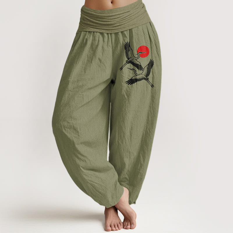 Buddha Stones Dames harembroek van 100% Cotton met rode zon- en kraanvogelprint en elastische Taille . - Olijfgroen - US22, UK/AU26, EU54 (6XL) - image 14