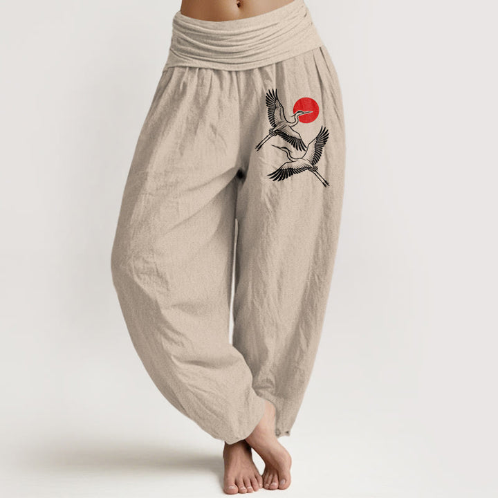 Buddha Stones Dames harembroek van 100% Cotton met rode zon- en kraanvogelprint en elastische Taille . - Bruinen - US22, UK/AU26, EU54 (6XL) - image 11