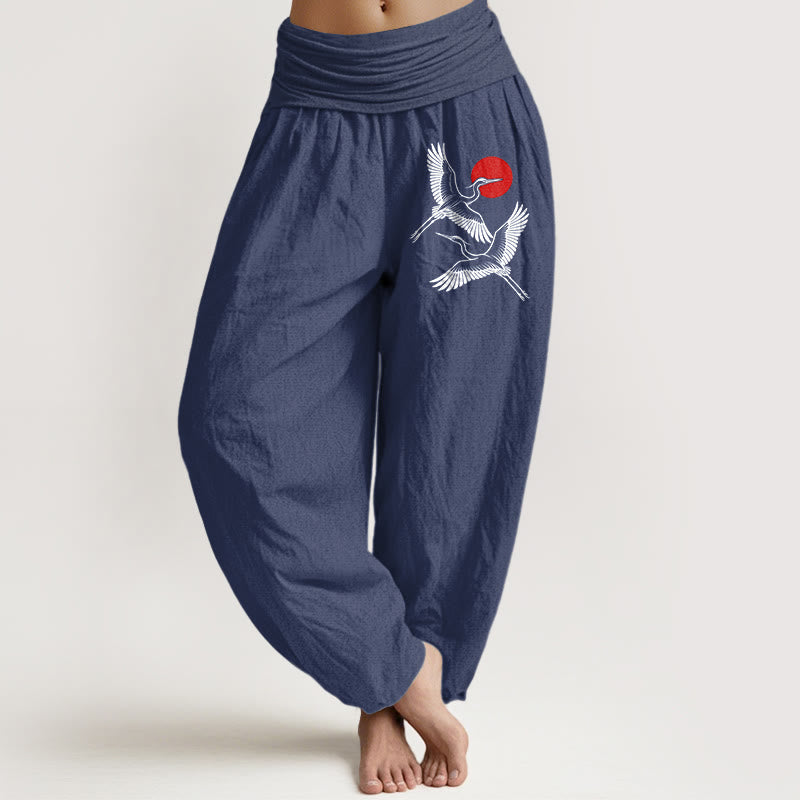 Buddha Stones Dames harembroek van 100% Cotton met rode zon- en kraanvogelprint en elastische Taille . - Donker leisteenblauw - US22, UK/AU26, EU54 (6XL) - image 5