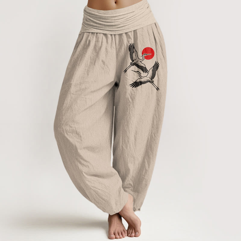 Buddha Stones Dames harembroek van 100% Cotton met rode zon- en kraanvogelprint en elastische Taille . - Bruinen - US22, UK/AU26, EU54 (6XL) - image 11