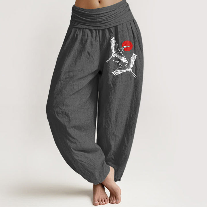 Buddha Stones Dames harembroek van 100% Cotton met rode zon- en kraanvogelprint en elastische Taille . - Grijs - US22, UK/AU26, EU54 (6XL) - image 8