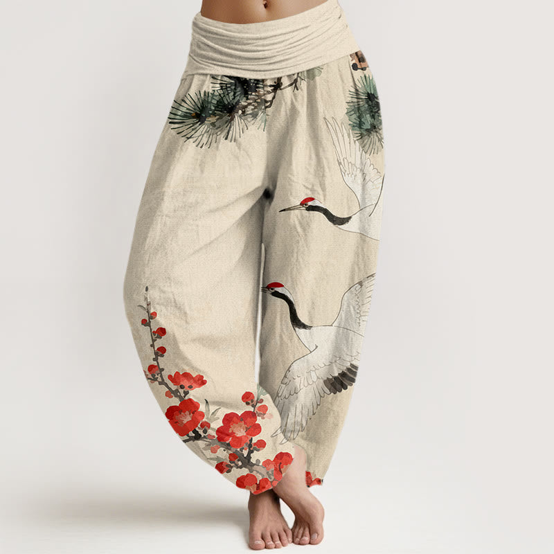Buddha Stones Damesbroek van katoen met elastische Taille en print van kraanvogels en pruimenbloesems - Beige - US22, UK/AU26, EU54 (6XL) - image 0