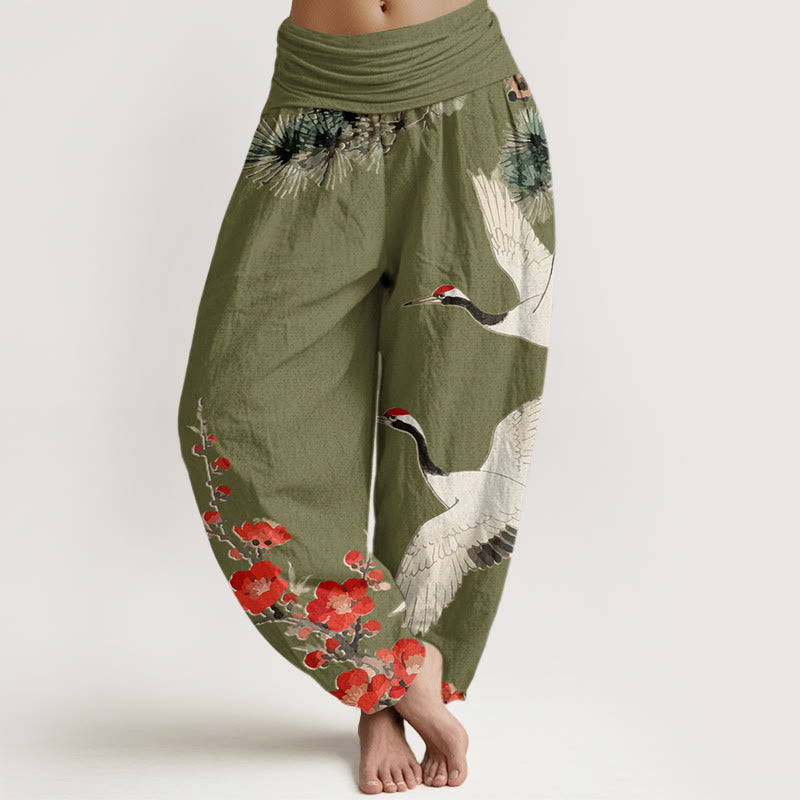 Buddha Stones Damesbroek van katoen met elastische Taille en print van kraanvogels en pruimenbloesems - Olijfgroen - US22, UK/AU26, EU54 (6XL) - image 5