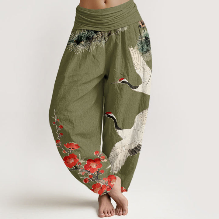 Buddha Stones Damesbroek van katoen met elastische Taille en print van kraanvogels en pruimenbloesems - Olijfgroen - US22, UK/AU26, EU54 (6XL) - image 5