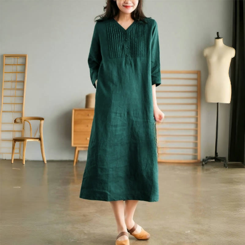 Buddha Stones Casual, effen Midi jurk met accordeonplooien, V-hals, korte Mouwlengte en Zakken. - image 1