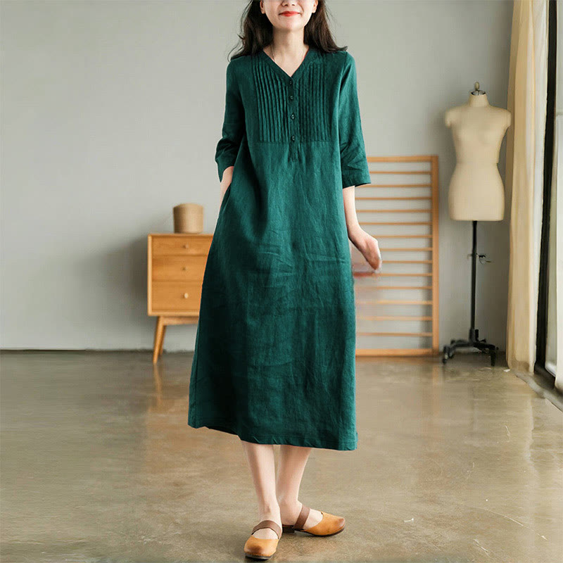 Buddha Stones Casual, effen Midi jurk met accordeonplooien, V-hals, korte Mouwlengte en Zakken. - Teal - US12, UK/AU16, EU44 (3XL) - image 0