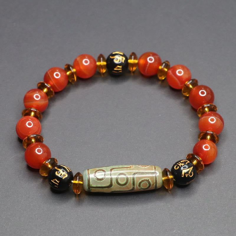 Buddha Stones Rode agaat negenoog Dzi kraal zes ware woorden kalm Armband - Negenoog Dzi-kraal van rode agaat (Polsomtrek 16-17 cm) - image 0