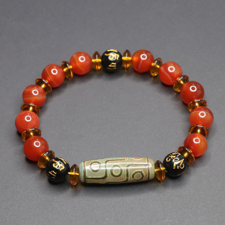 Buddha Stones Rode agaat negenoog Dzi kraal zes ware woorden kalm Armband - Negenoog Dzi-kraal van rode agaat (Polsomtrek 16-17 cm) - image 0