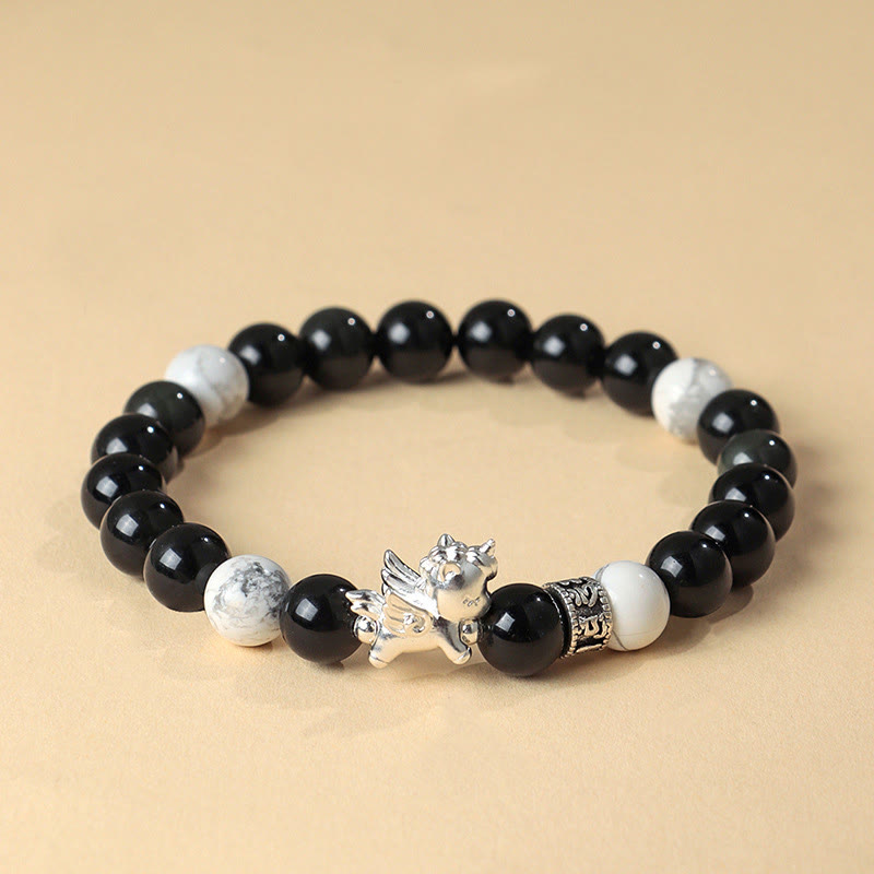 Buddha Stones Armband van 999 sterling zilver, Jaar van het Paard, met natuurlijke zwarte obsidiaan en Bodhi-zaad als symbool voor kracht. - Zwarte obsidiaan (Polsomtrek: 13-15 cm) - image 0