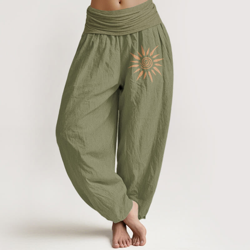 Buddha Stones Harembroek voor dames van 100% Cotton met spiraalvormig zonpatroon in het midden en elastische Taille . - Olijfgroen - US22, UK/AU26, EU54 (6XL) - image 14