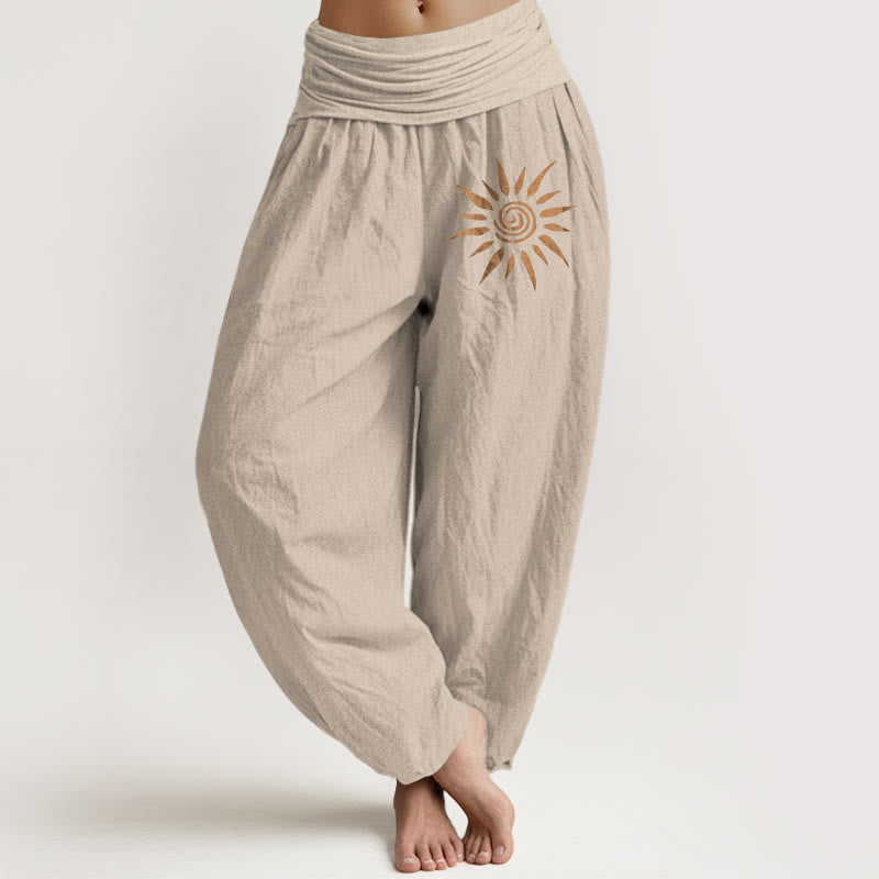 Buddha Stones Harembroek voor dames van 100% Cotton met spiraalvormig zonpatroon in het midden en elastische Taille . - Bruinen - US22, UK/AU26, EU54 (6XL) - image 11