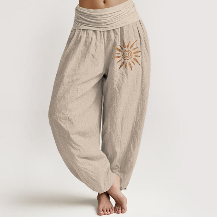 Buddha Stones Harembroek voor dames van 100% Cotton met spiraalvormig zonpatroon in het midden en elastische Taille . - Bruinen - US22, UK/AU26, EU54 (6XL) - image 11