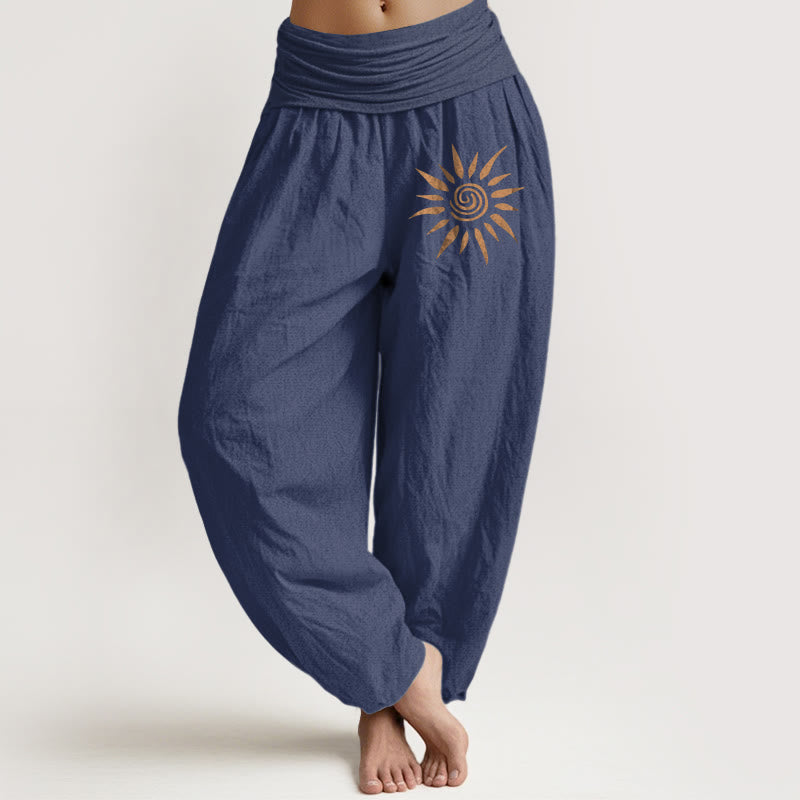 Buddha Stones Harembroek voor dames van 100% Cotton met spiraalvormig zonpatroon in het midden en elastische Taille . - Donker leisteenblauw - US22, UK/AU26, EU54 (6XL) - image 5