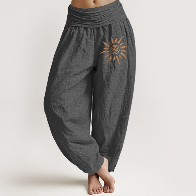 Buddha Stones Harembroek voor dames van 100% Cotton met spiraalvormig zonpatroon in het midden en elastische Taille . - Donkergrijs - US22, UK/AU26, EU54 (6XL) - image 8