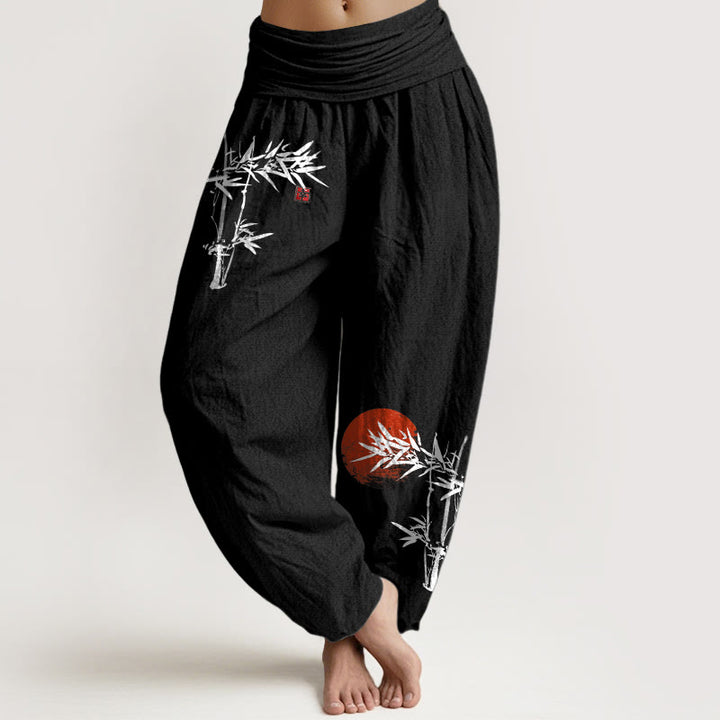 Buddha Stones Dames harembroek van puur katoen met elastische Taille en bamboebladeren en rode 100% Cotton - Zwart - US22, UK/AU26, EU54 (6XL) - image 5