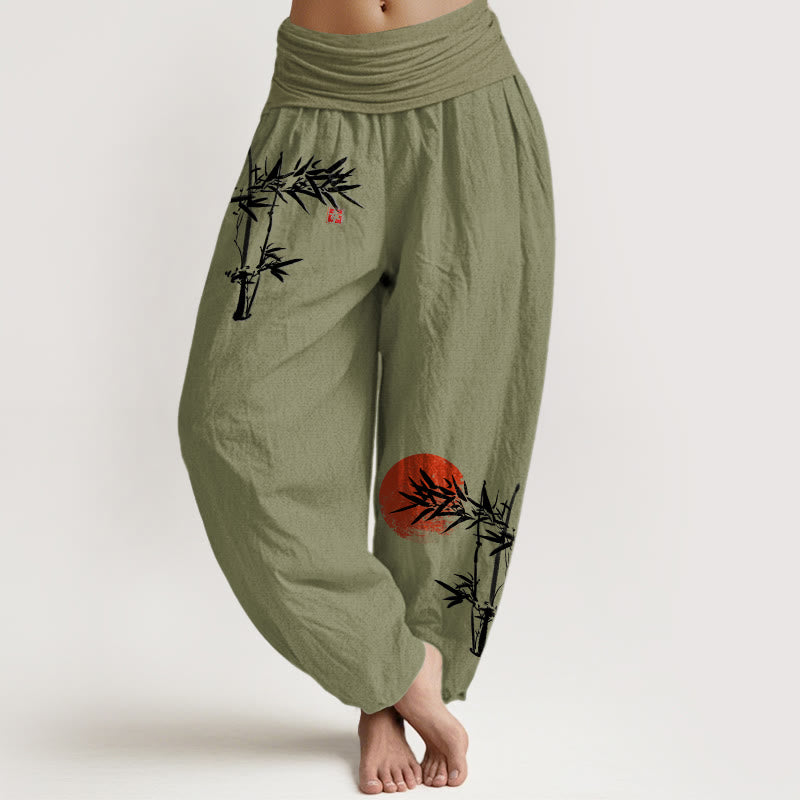 Buddha Stones Dames harembroek van puur katoen met elastische Taille en bamboebladeren en rode 100% Cotton - Olijfgroen - US22, UK/AU26, EU54 (6XL) - image 0