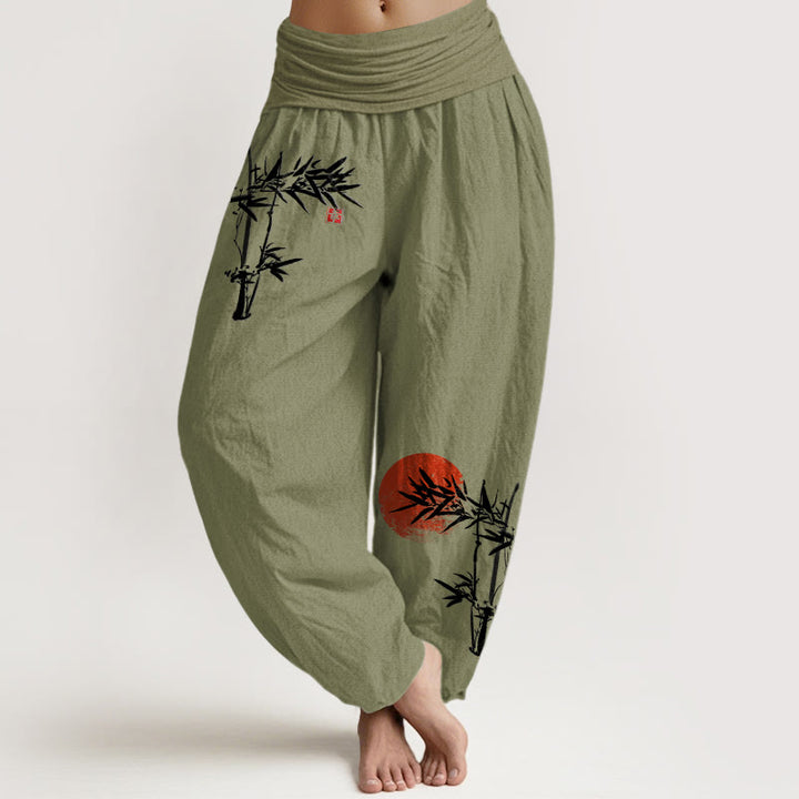 Buddha Stones Dames harembroek van puur katoen met elastische Taille en bamboebladeren en rode 100% Cotton - Olijfgroen - US22, UK/AU26, EU54 (6XL) - image 0