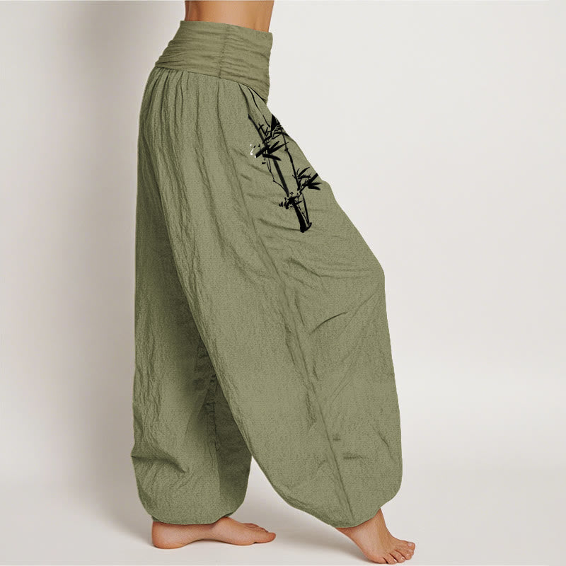Buddha Stones Dames harembroek van puur katoen met elastische Taille en bamboebladeren en rode 100% Cotton - image 1