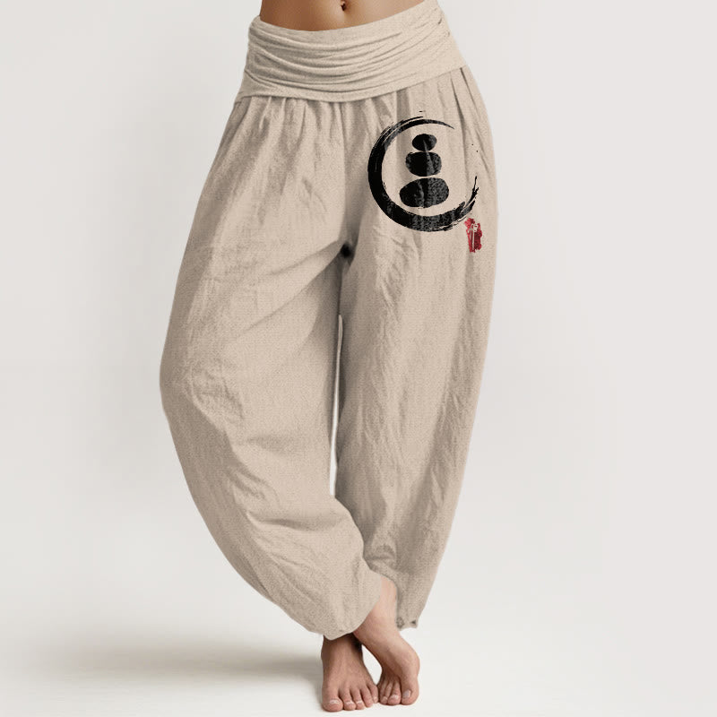 Buddha Stones Ensō Circle gestapelde stenen patroon dames harembroek van katoen met elastische Taille - Bruinen - US22, UK/AU26, EU54 (6XL) - image 14