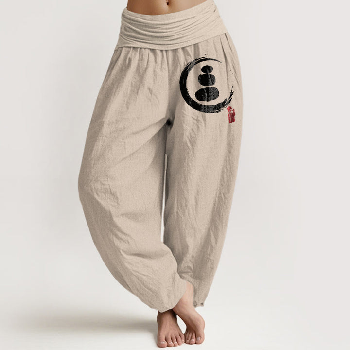 Buddha Stones Ensō Circle gestapelde stenen patroon dames harembroek van katoen met elastische Taille - Bruinen - US22, UK/AU26, EU54 (6XL) - image 14
