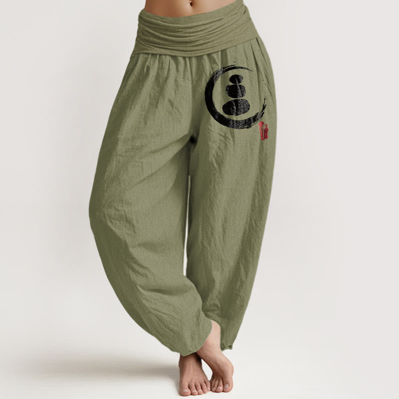 Buddha Stones Ensō Circle gestapelde stenen patroon dames harembroek van katoen met elastische Taille - Olijfgroen - US22, UK/AU26, EU54 (6XL) - image 0
