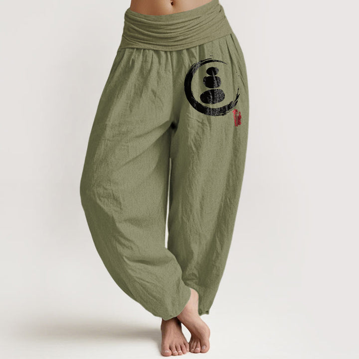 Buddha Stones Ensō Circle gestapelde stenen patroon dames harembroek van katoen met elastische Taille - Olijfgroen - US22, UK/AU26, EU54 (6XL) - image 0