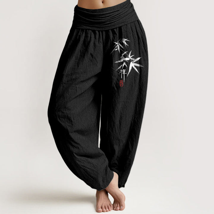 Buddha Stones Harembroek voor dames met elastische Taille , 100% Cotton met bamboe-zenpatroon - Zwart - US22, UK/AU26, EU54 (6XL) - image 5