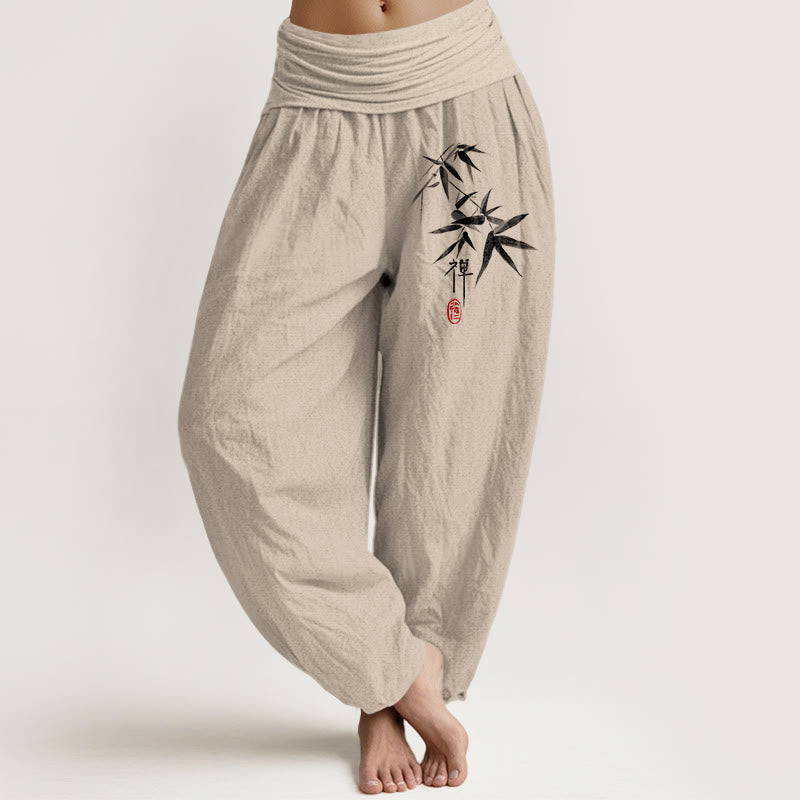 Buddha Stones Harembroek voor dames met elastische Taille , 100% Cotton met bamboe-zenpatroon - Bruinen - US22, UK/AU26, EU54 (6XL) - image 0