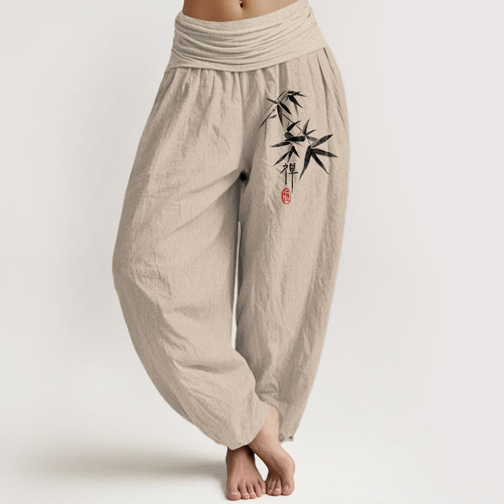 Buddha Stones Harembroek voor dames met elastische Taille , 100% Cotton met bamboe-zenpatroon - Bruinen - US22, UK/AU26, EU54 (6XL) - image 0
