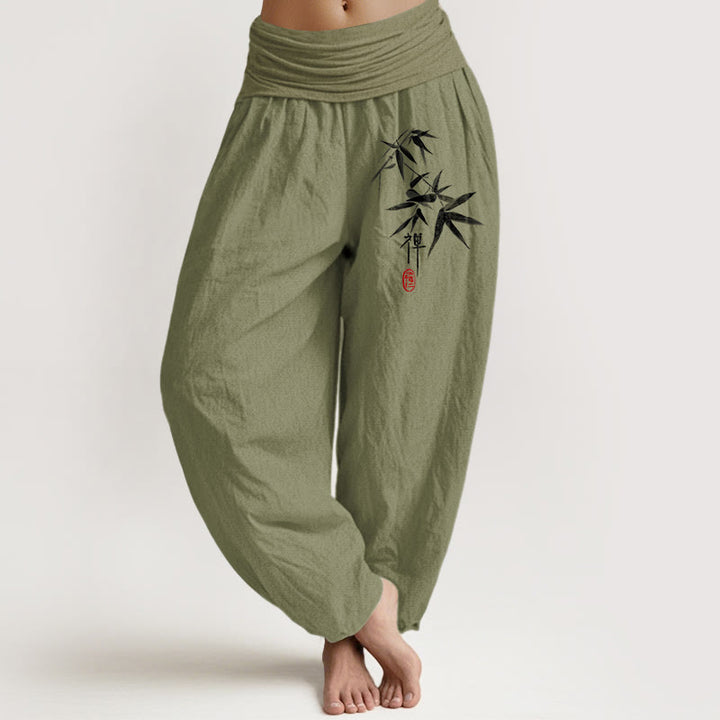 Buddha Stones Harembroek voor dames met elastische Taille , 100% Cotton met bamboe-zenpatroon - Olijfgroen - US22, UK/AU26, EU54 (6XL) - image 14