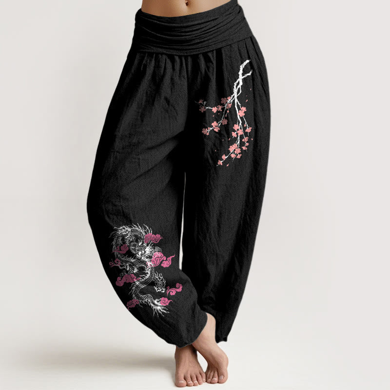 Buddha Stones Harembroek voor dames met elastische Taille, drakenmotief, gelukbrengende wolken en bloemenpatroon, katoen - Zwart - US22, UK/AU26, EU54 (6XL) - image 0