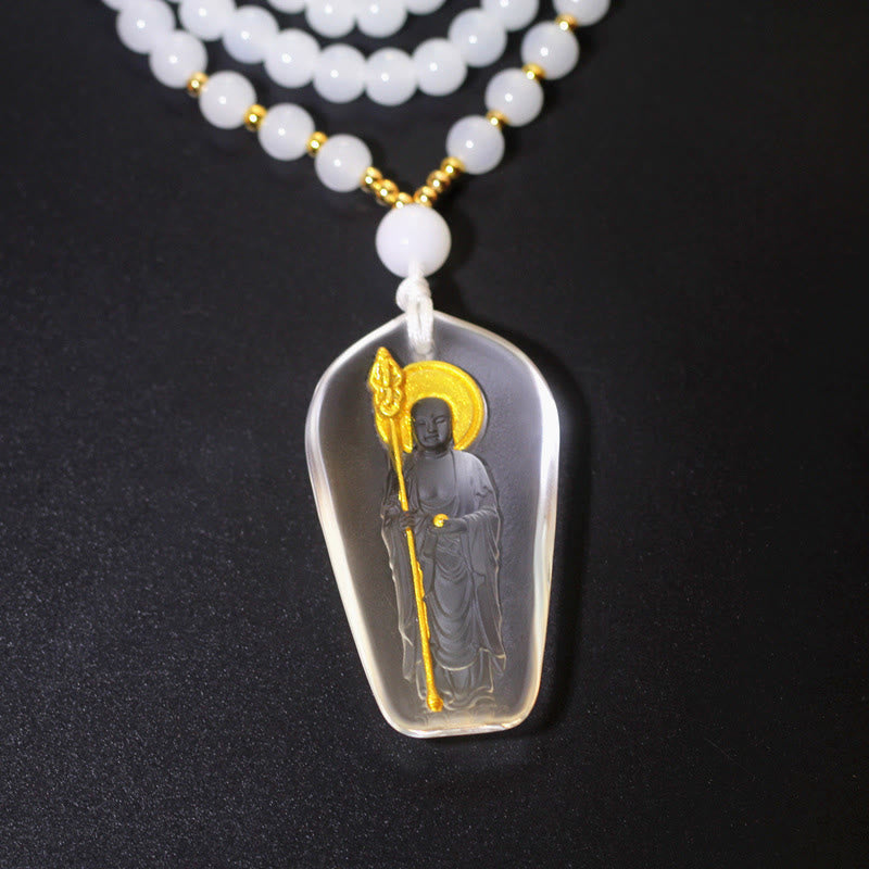 Buddha Stones Tibetaanse Boeddha Liuli Kristal Ksitigarbha Bodhisattva Sereniteit Ketting - Ksitigarbha met een scepter en wit - image 1