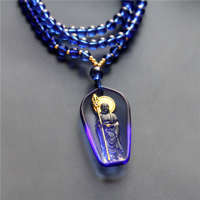 Buddha Stones Tibetaanse Boeddha Liuli Kristal Ksitigarbha Bodhisattva Sereniteit Ketting - Ksitigarbha met een scepter en blauw - image 0