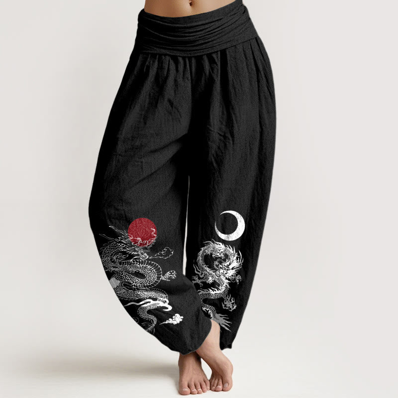 Buddha Stones Harembroek voor dames met elastische Taille en draken-, zon- en maanpatroon van 100% Cotton - Zwart - US22, UK/AU26, EU54 (6XL) - image 0