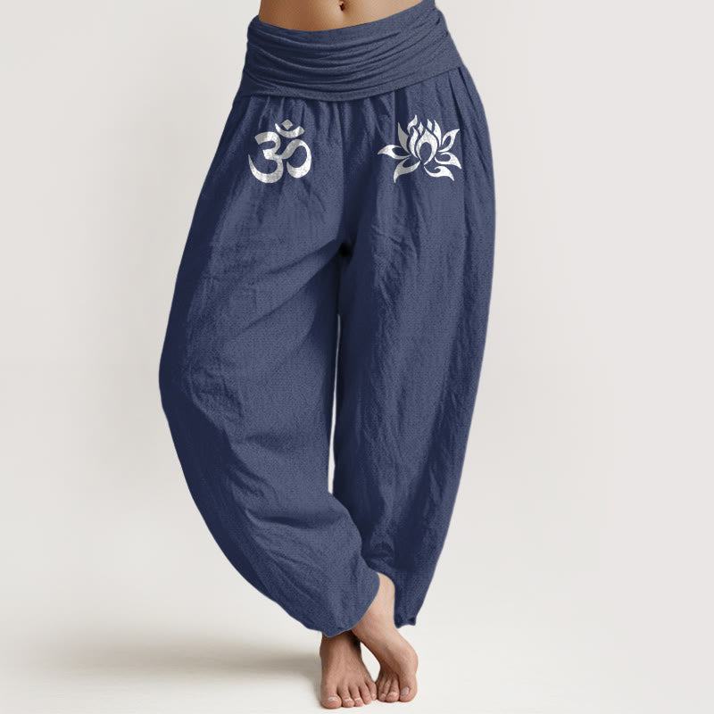 Buddha Stones Effenkleurige , 100% Cotton harembroek met lotus- en Om-symboolpatroon en elastische Taille . - Donker leisteenblauw - US22, UK/AU26, EU54 (6XL) - image 8