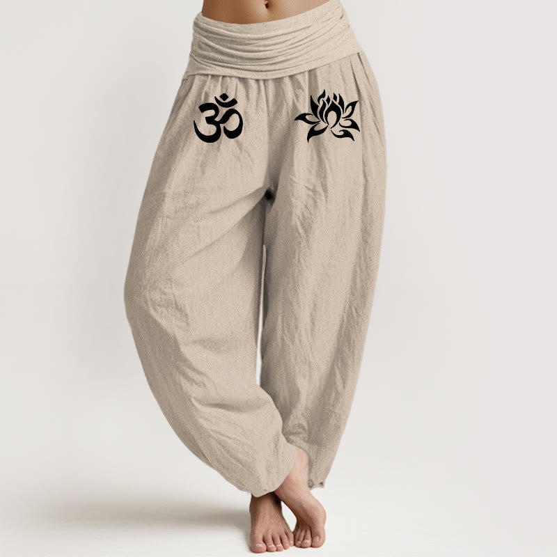 Buddha Stones Effenkleurige , 100% Cotton harembroek met lotus- en Om-symboolpatroon en elastische Taille . - Bruinen - US22, UK/AU26, EU54 (6XL) - image 11