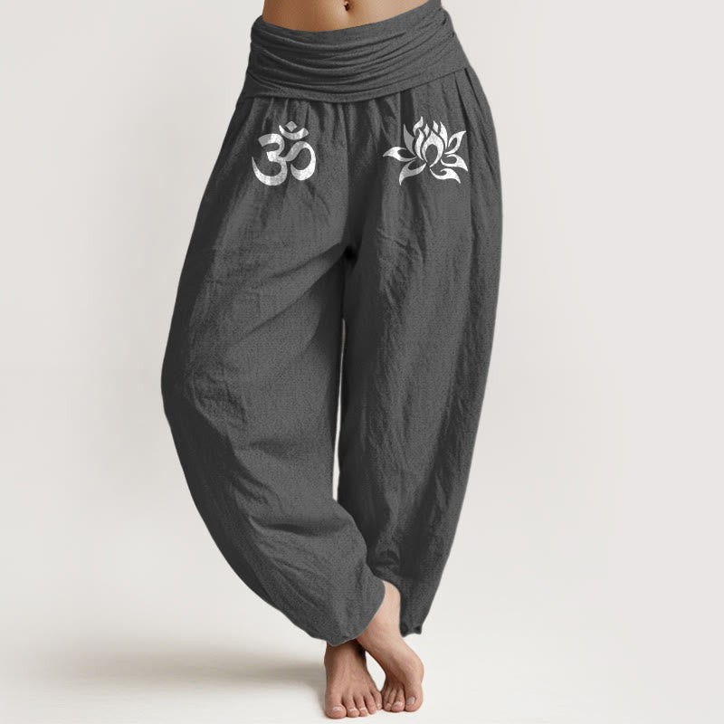 Buddha Stones Effenkleurige , 100% Cotton harembroek met lotus- en Om-symboolpatroon en elastische Taille . - Donkergrijs - US22, UK/AU26, EU54 (6XL) - image 0