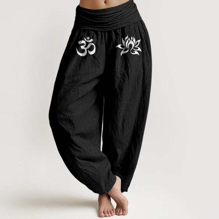 Buddha Stones Effenkleurige , 100% Cotton harembroek met lotus- en Om-symboolpatroon en elastische Taille . - Zwart - US22, UK/AU26, EU54 (6XL) - image 5
