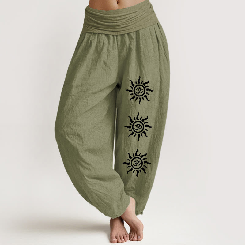 Buddha Stones Effenkleurige , 100% Cotton harembroek met Om-symbool en zonnemotief, elastische Taille . - Olijfgroen - US22, UK/AU26, EU54 (6XL) - image 0